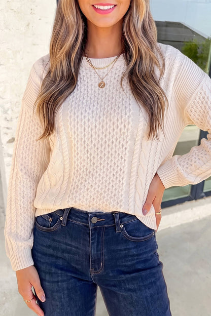 Solid Crew Neck Color Cable Knit Loose Sweater