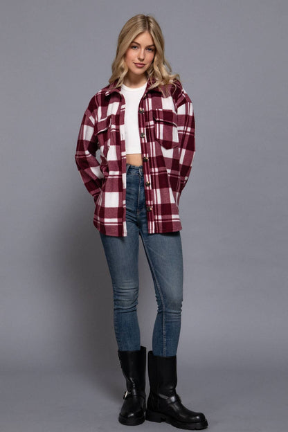 Long Sleeve Check Printed Fleece Shacket- Berry