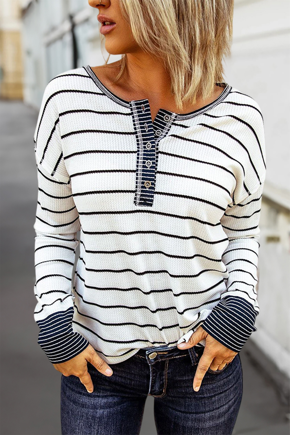 Striped Buttoned Waffle Knit Long Sleeve Top