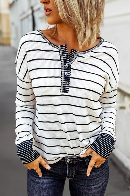 Striped Buttoned Waffle Knit Long Sleeve Top