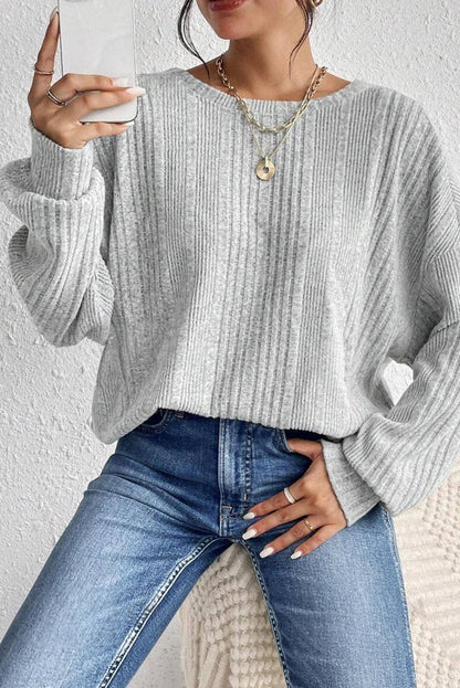 Textured Backless Long Sleeve Top- Light Grey