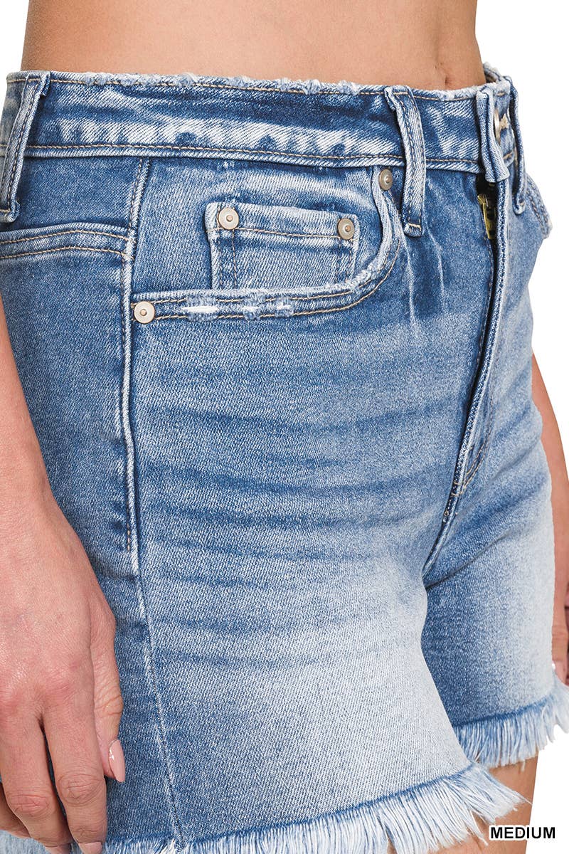 18 Mid Rise Frayed Hem Denim Shorts- Medium Wash