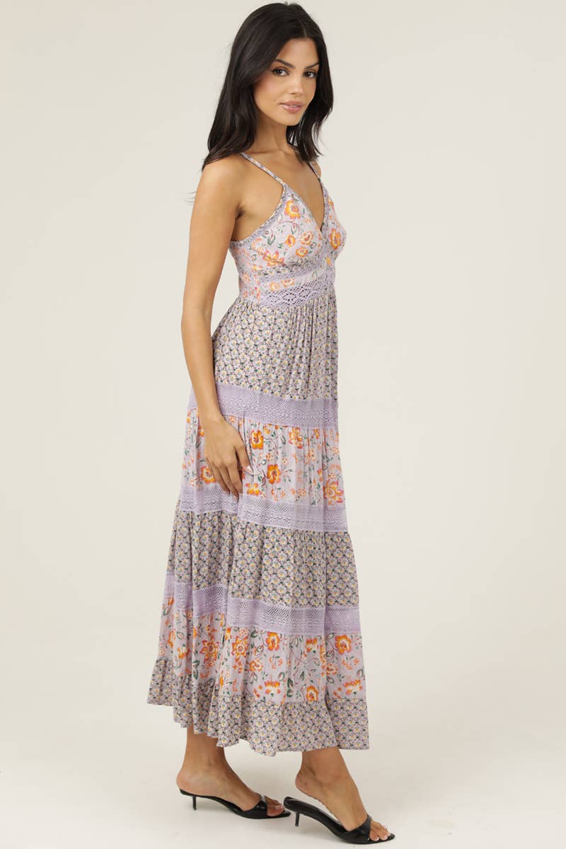 V-Neck Lace Trim Maxi Dress- Multi Color