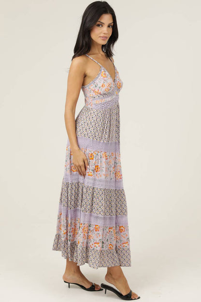 V-Neck Lace Trim Maxi Dress- Multi Color