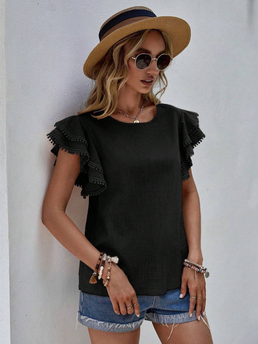 Casual Ruffle Sleeve V-Neck Blouse- Black