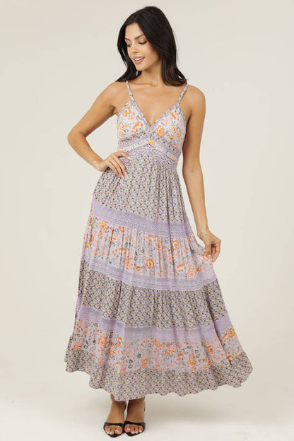 V-Neck Lace Trim Maxi Dress- Multi Color