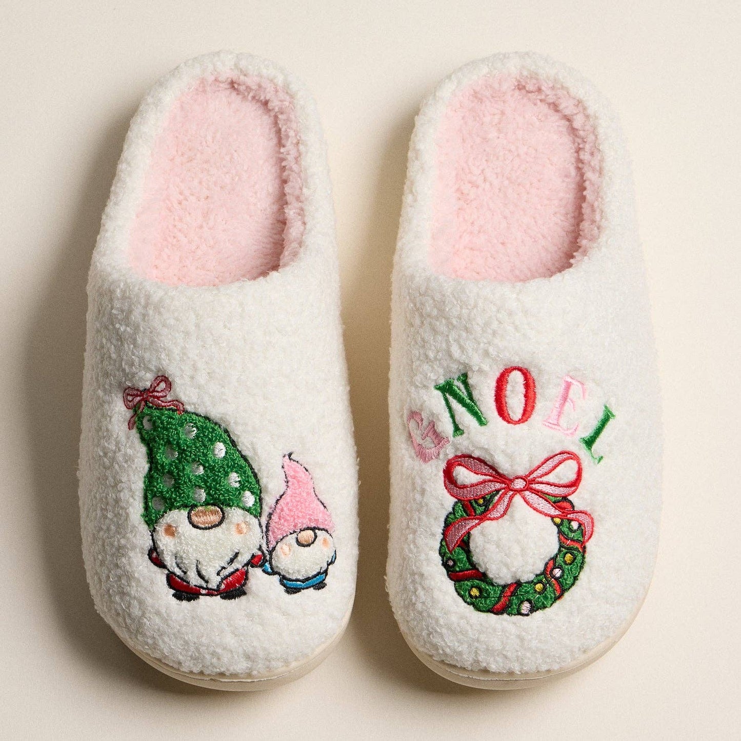Fuzzy Holiday Slippers with Gnome and GNOEL Wreath Design