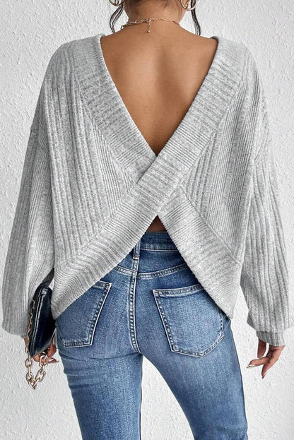 Textured Backless Long Sleeve Top- Light Grey