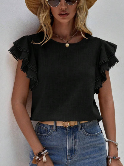 Casual Ruffle Sleeve V-Neck Blouse- Black