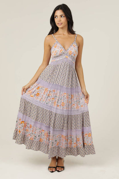 V-Neck Lace Trim Maxi Dress- Multi Color