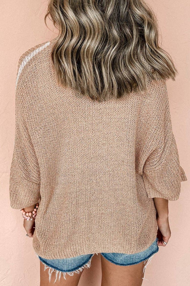 Contrast Stripe 3/4 Sleeve Crewneck Sweater- Light French Beige