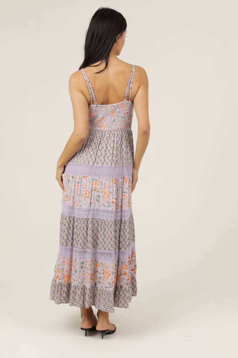 V-Neck Lace Trim Maxi Dress- Multi Color