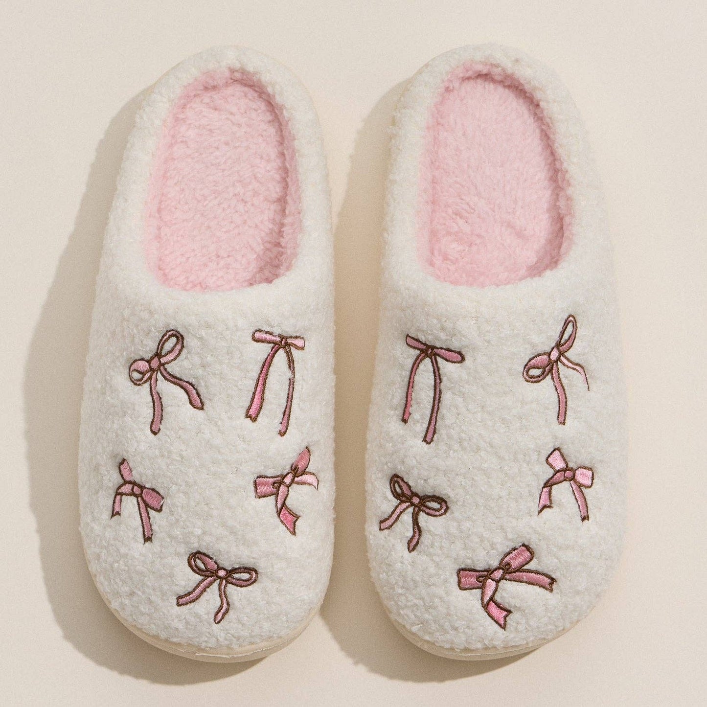 Cozy Bow Embroidered Plush Slippers