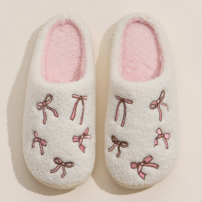 Cozy Bow Embroidered Plush Slippers
