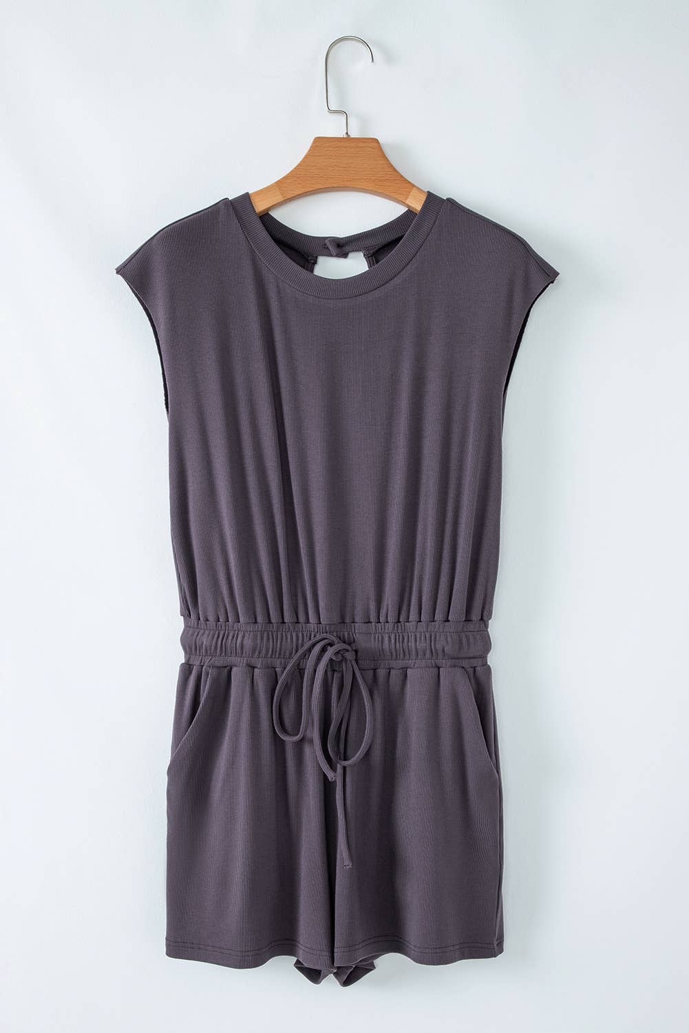 Open Back Cap Sleeve Drawstring Knit Romper