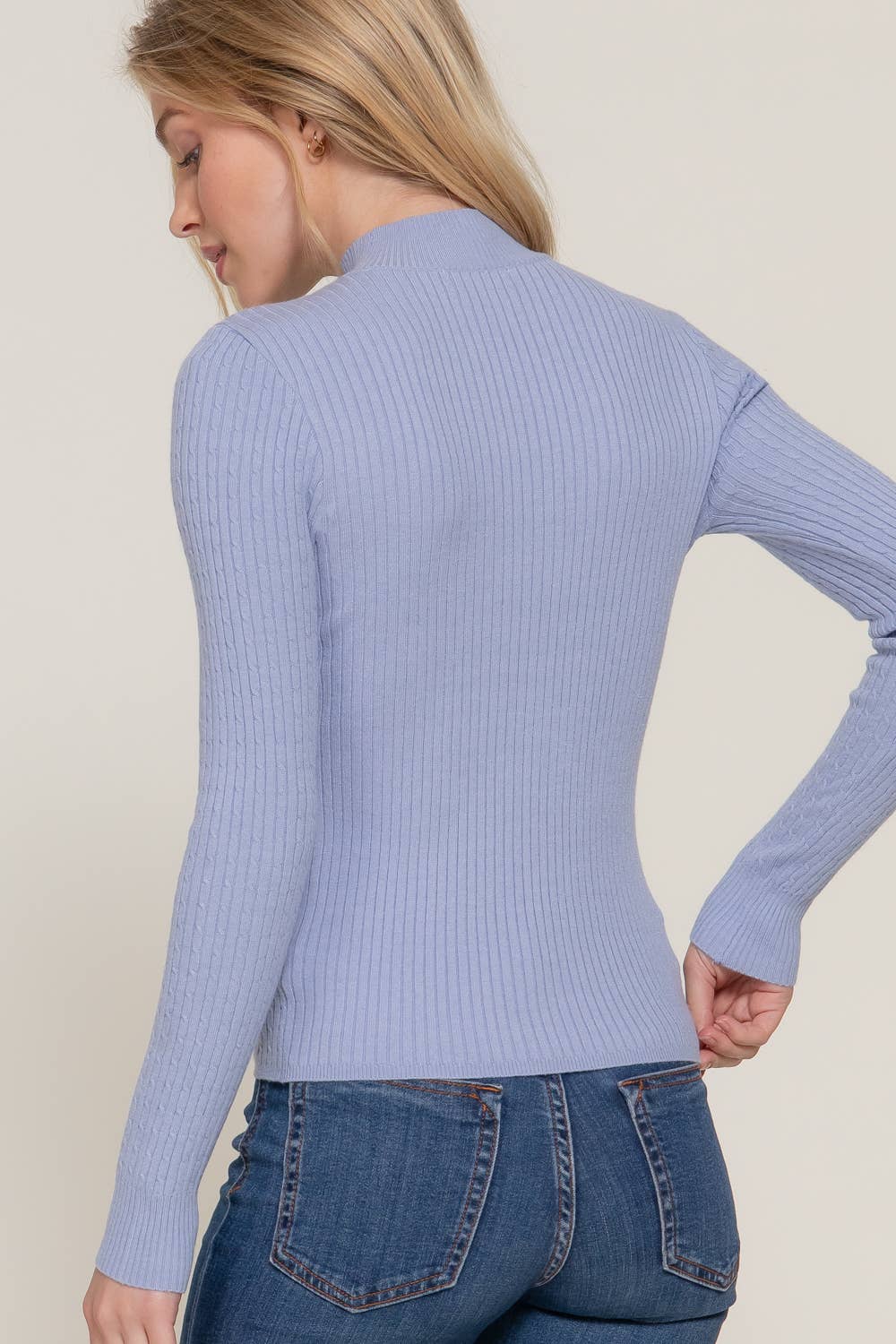Long Sleeve Mock Neck Rib Sweater- White