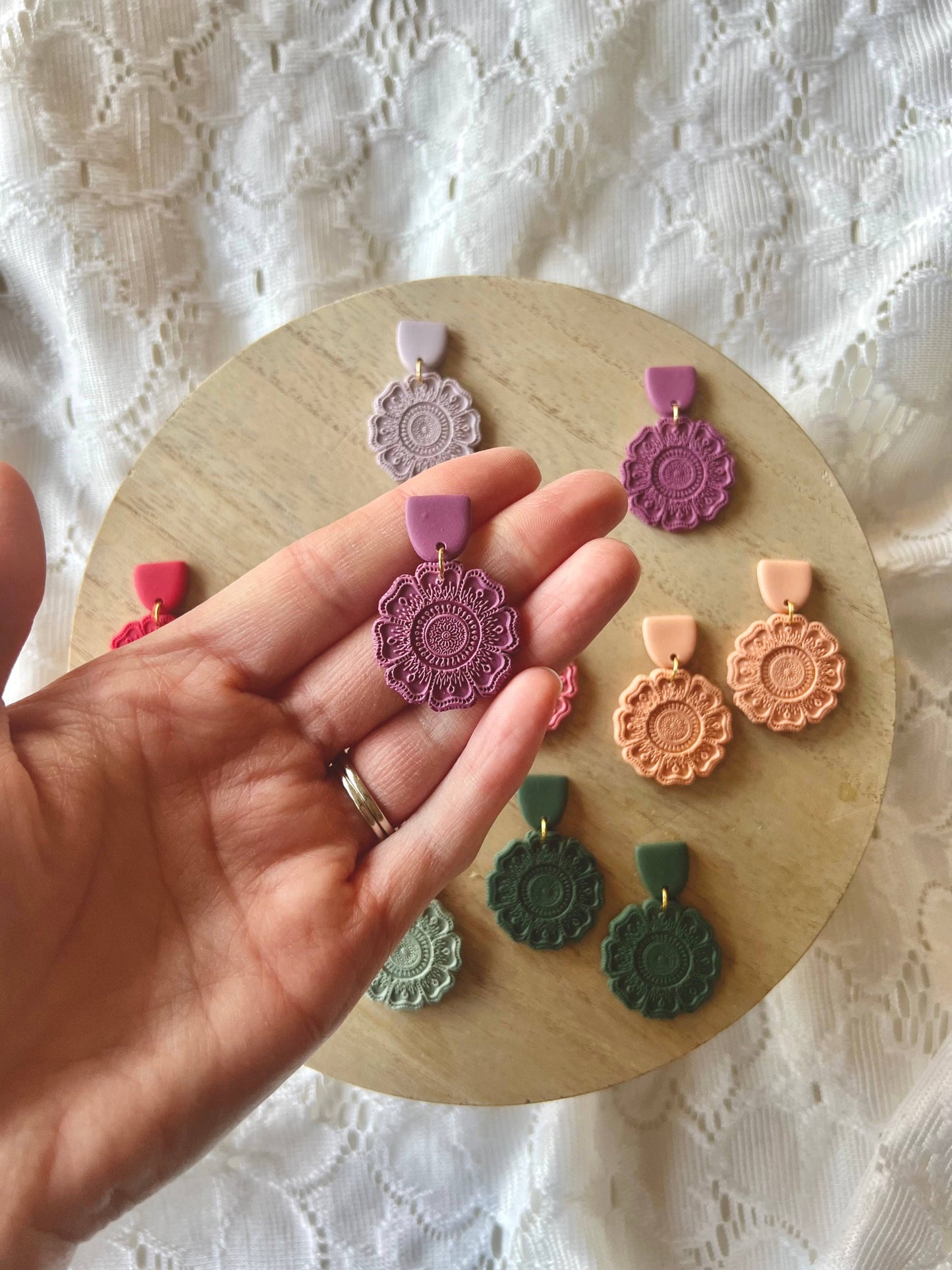 Spring Mandala Flowers, Flower Clay Earrings