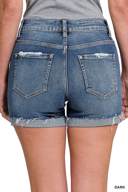 17 High Rise Distressed Cuffed Raw Hem Denim Shorts- Dark Wash