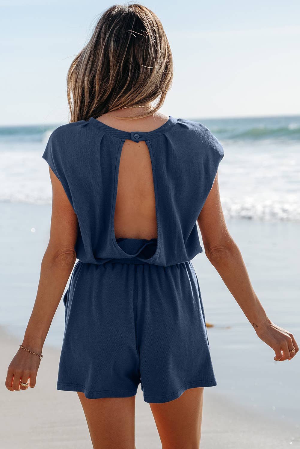 Open Back Cap Sleeve Drawstring Knit Romper