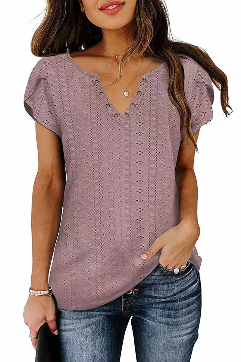 5 Buckled V Neck Punching Lace Tulip Sleeve Tee