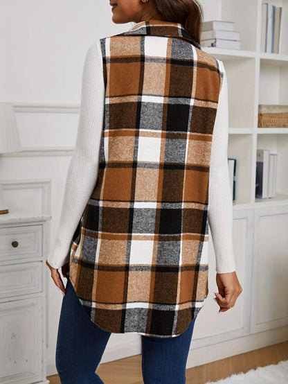 Vintage Casual Checked Sleeveless Midi Vest