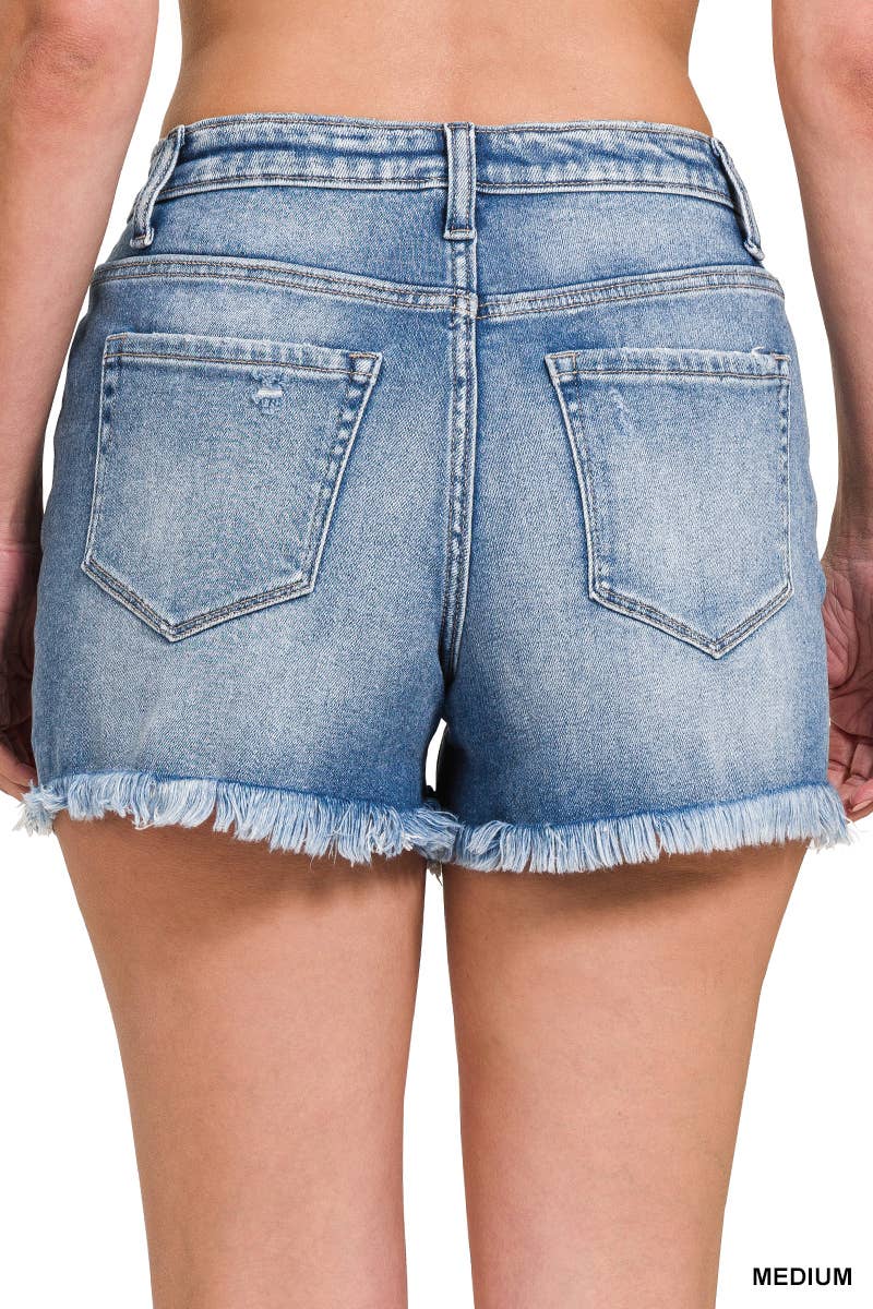 18 Mid Rise Frayed Hem Denim Shorts- Medium Wash