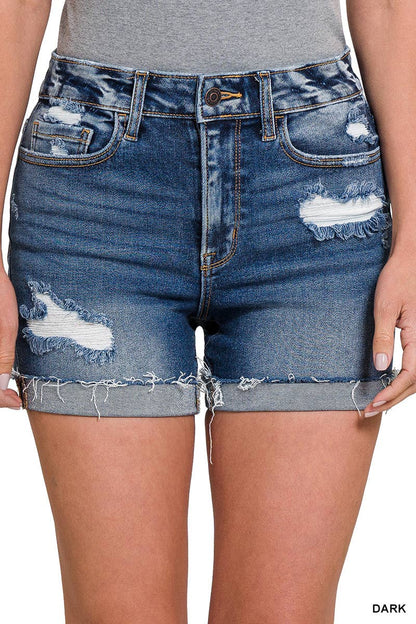 17 High Rise Distressed Cuffed Raw Hem Denim Shorts- Dark Wash