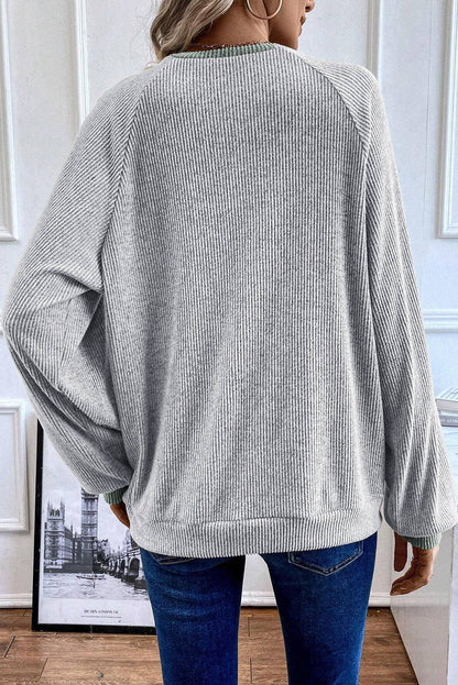 Color Block Ribbed Long Sleeve Top- Light Grey