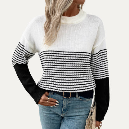 Casual and Basic Black Striped Round Neck Knit Top- Black Multi