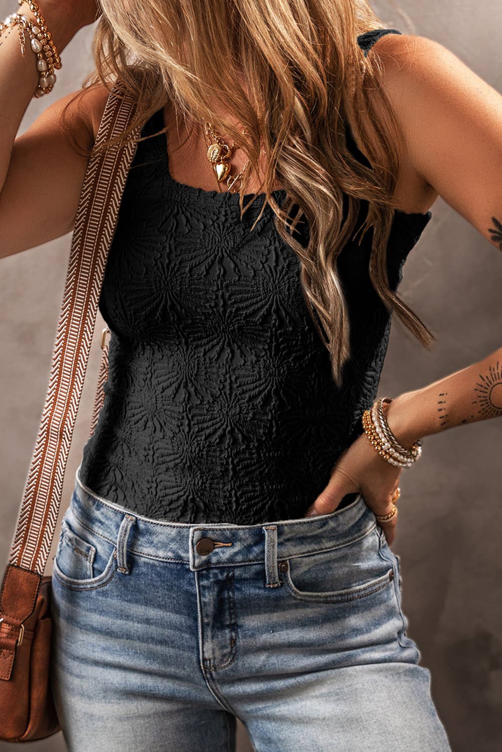 15 Floral Jacquard Square Neck Tank Top- Black