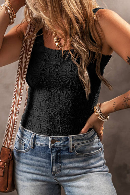 15 Floral Jacquard Square Neck Tank Top- Black
