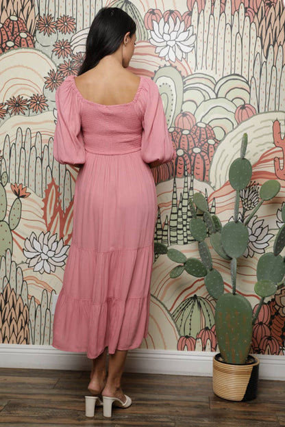 Smocked Bodice Half Puff Sleeve Midi Dress- Rose