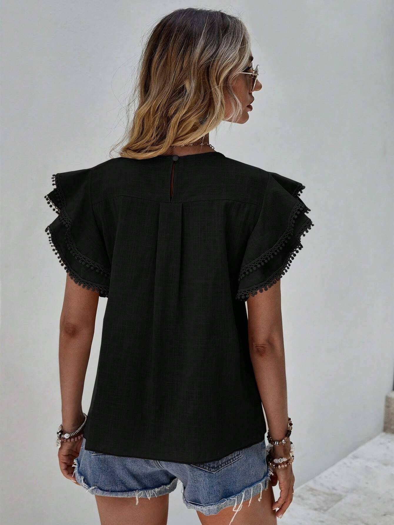 Casual Ruffle Sleeve V-Neck Blouse- Black