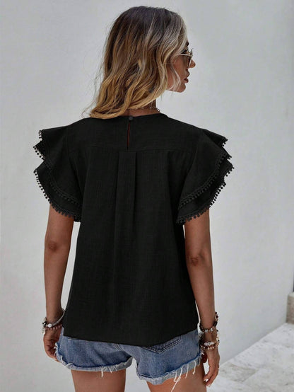 Casual Ruffle Sleeve V-Neck Blouse- Black