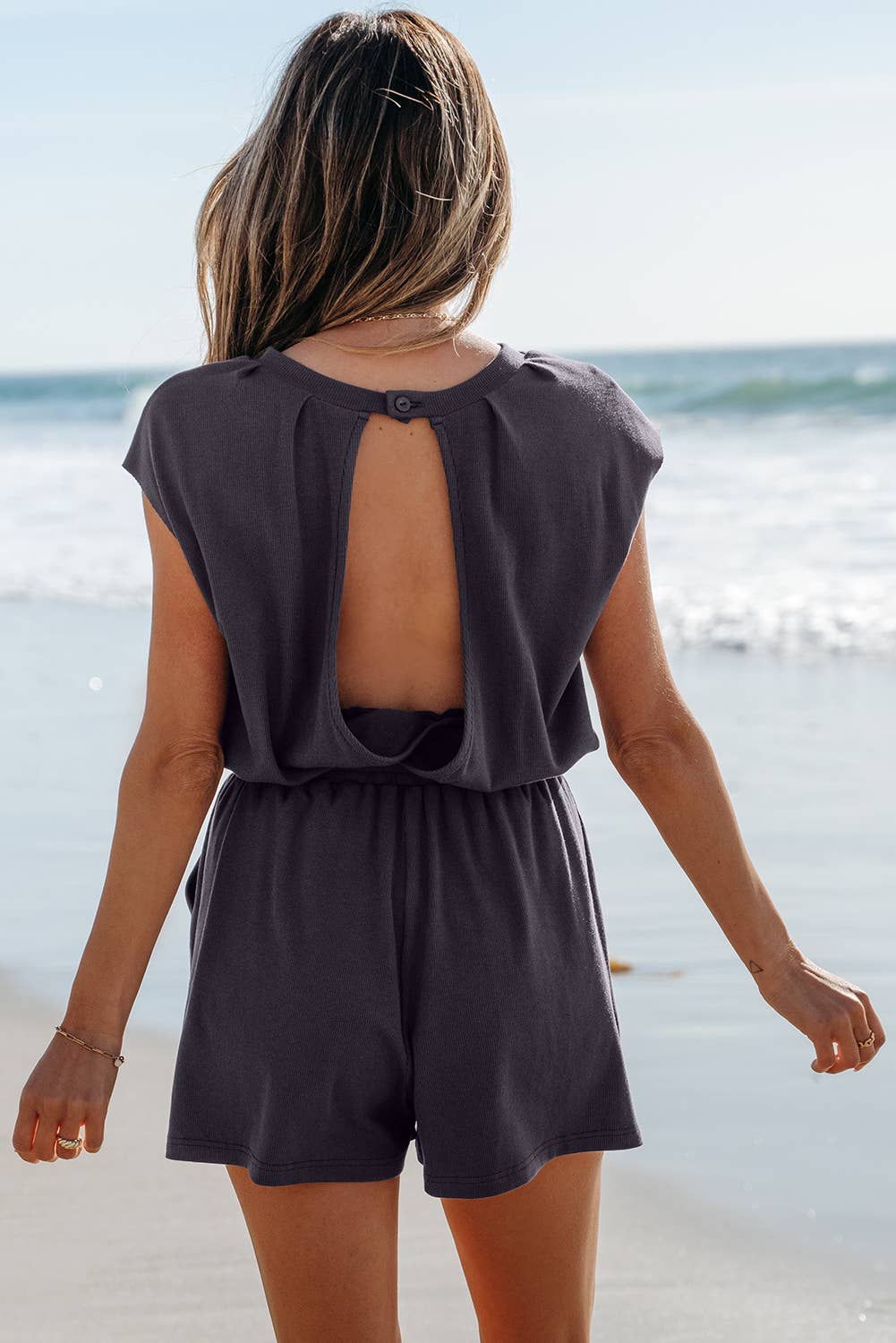 Open Back Cap Sleeve Drawstring Knit Romper
