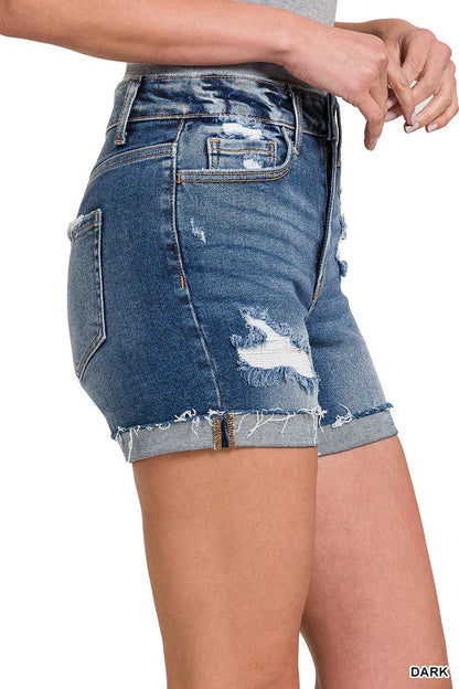 17 High Rise Distressed Cuffed Raw Hem Denim Shorts- Dark Wash