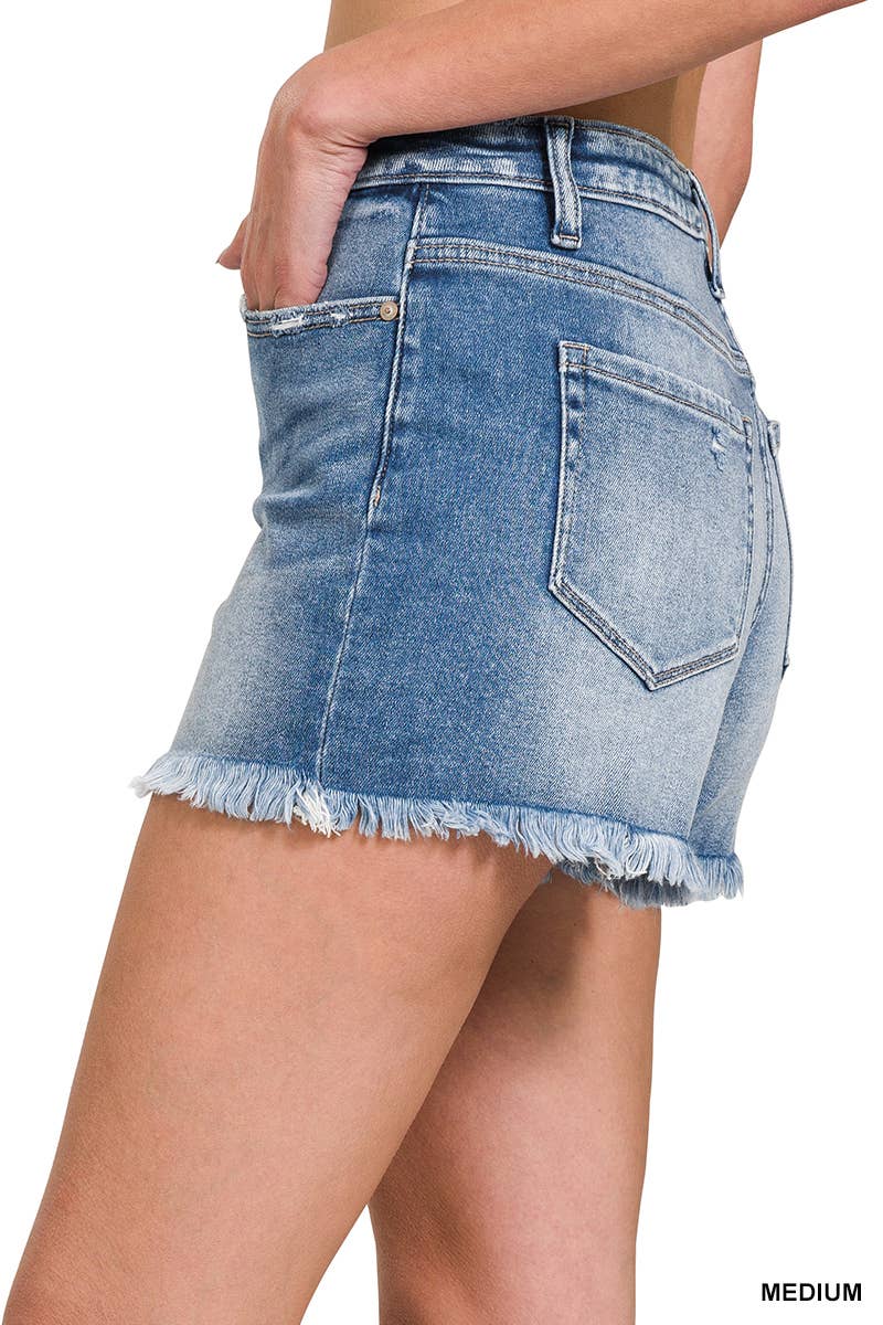 18 Mid Rise Frayed Hem Denim Shorts- Medium Wash