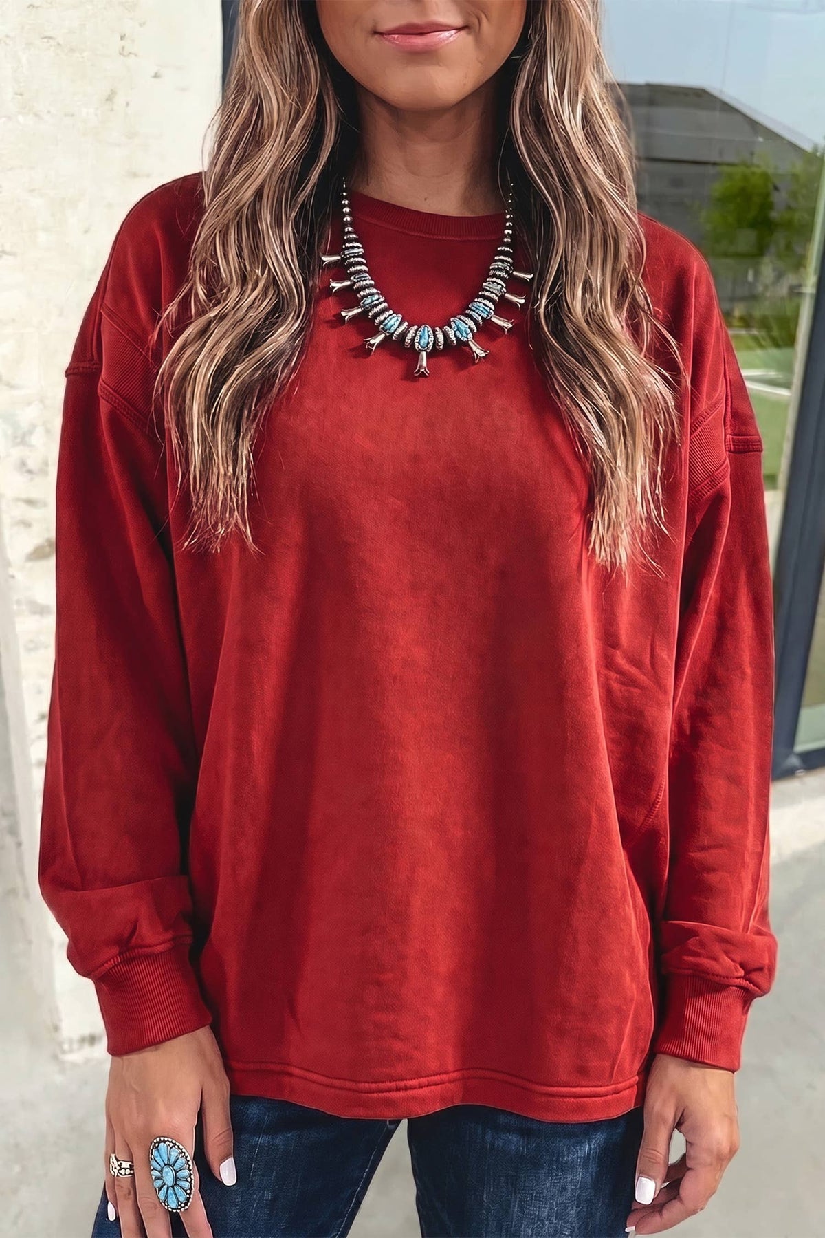 Solid Western Drop Shoulder Cutout Back Sweatshirt
