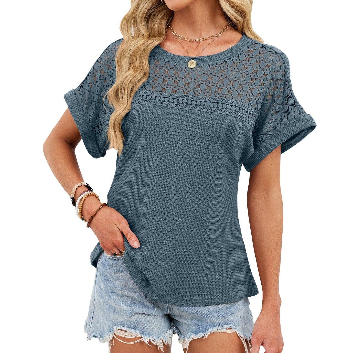 Lace Trim Relaxed Fit Short Sleeve T-Shirt
