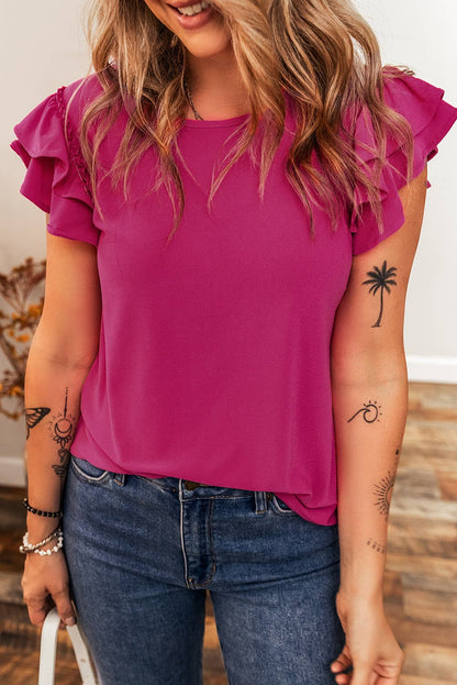 14 Short Ruffle Sleeve Round Neck Blouse- Red Rose