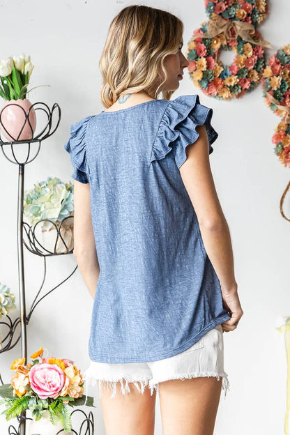 22 Ruffle Sleeve Top- Denim Blue