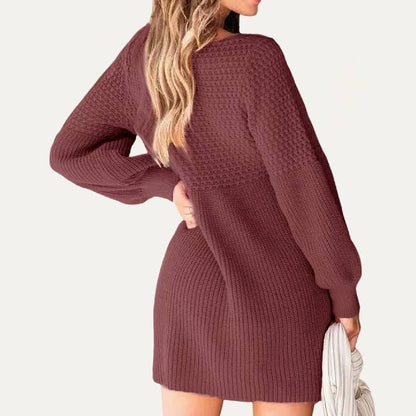 Winter Burgundy V Neck Long Sleeve Loost Knit Dress- Burgundy