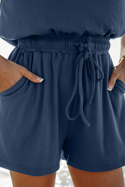 Open Back Cap Sleeve Drawstring Knit Romper