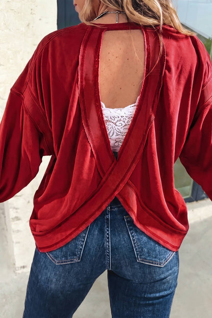 Solid Western Drop Shoulder Cutout Back Sweatshirt