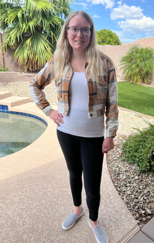 Buttoned Plaid Jacket With Pocket- Khaki