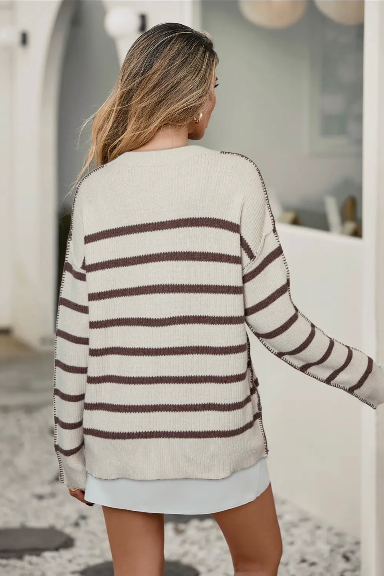 Hazel Henley Stripe Sweater- Brown