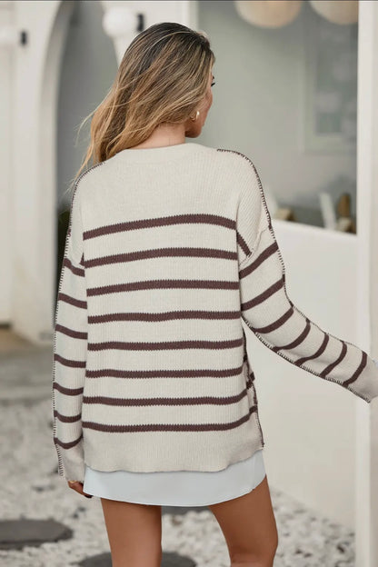 Hazel Henley Stripe Sweater- Brown