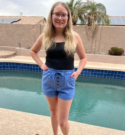 Elastic Waist Button Front Linen Blend Shorts- Corn Flower