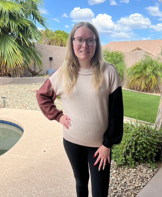Color block Bishop Sleeve Ribbed Sweater- Coffee