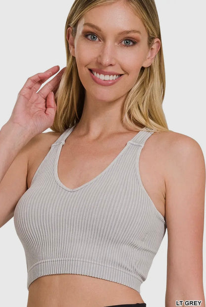 16 Premium Washed Seamless Crop Tank W/ Removable Bra- Multiple Colors Available